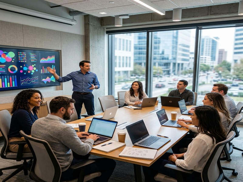 A team in a conference room during an enterprise training session